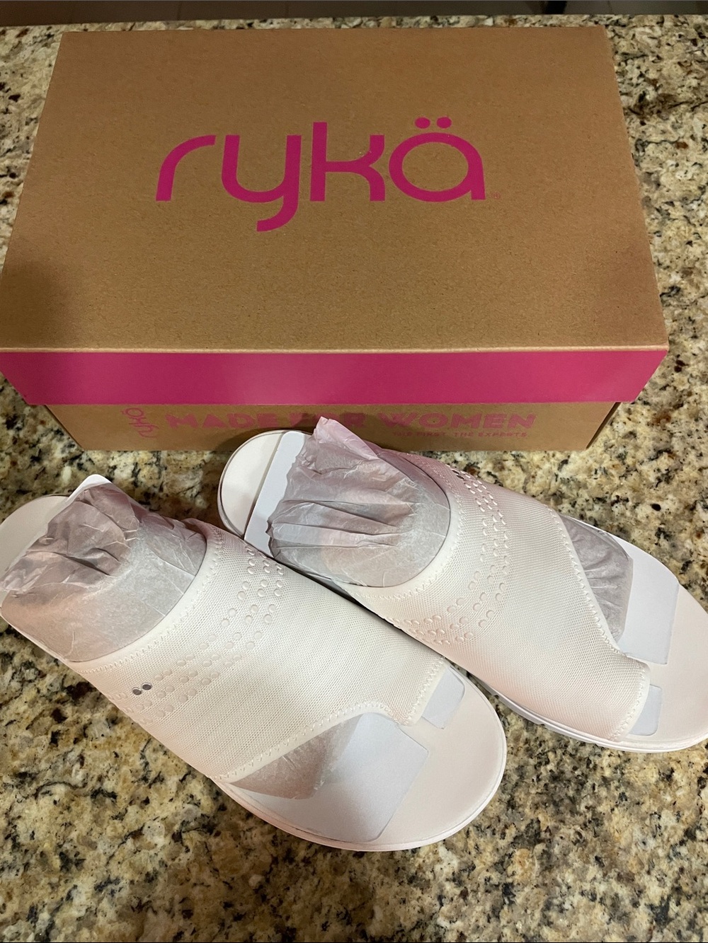 Ryka Women’s White Slide Sandals with Stretch Upper